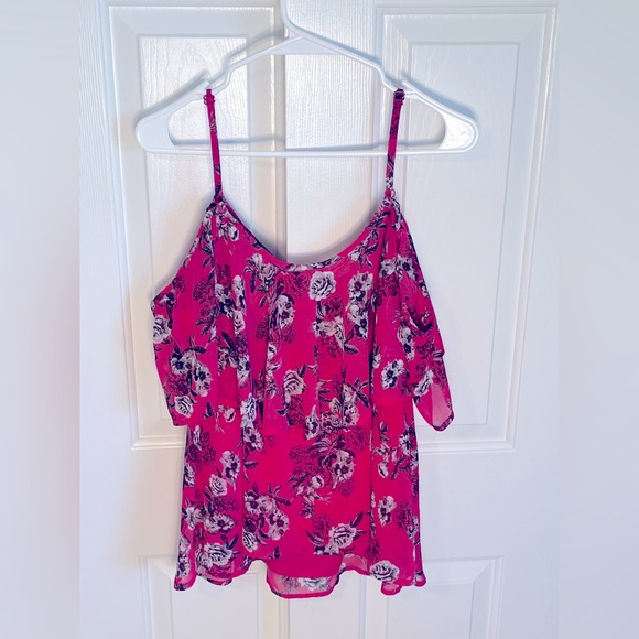 Torrid Cold Shoulder Eyelet Ruffle Blouse, Pink, Flower Print, size 0 - Picture 3 of 4